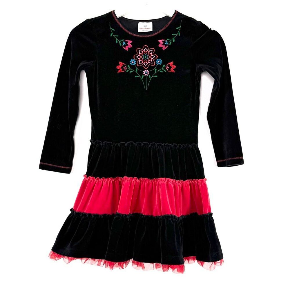Hanna Andersson Kids Velveteen Tiered Embroidered Dress Excellent Twirl Potentia